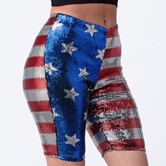 USA American Flag Metallic Sequin Biker Shorts - Picture 2 of 5
